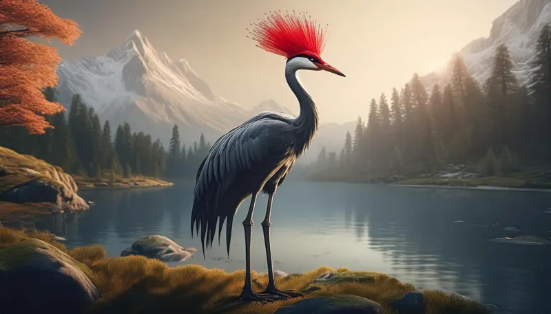 A proud crane with long legs and a red crown stands by a lake.