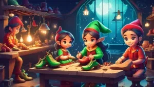 barefoot elves, illuminated by moonlight, diligently crafting shoes in a humble workshop