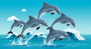 A group of dolphins playing and splashing together in the ocean.